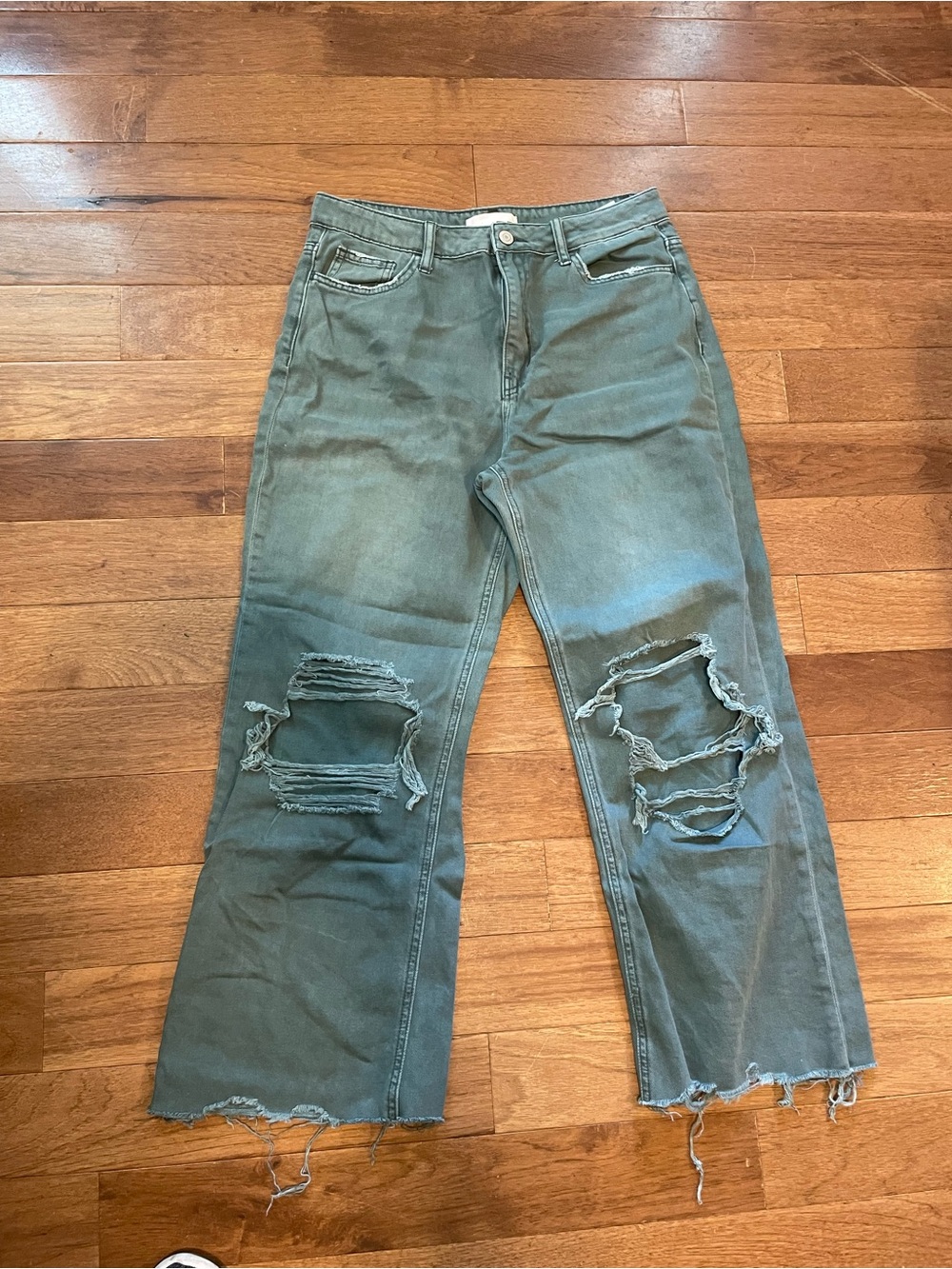 High-Rise Olive Green Wide-Leg Distressed Jeans